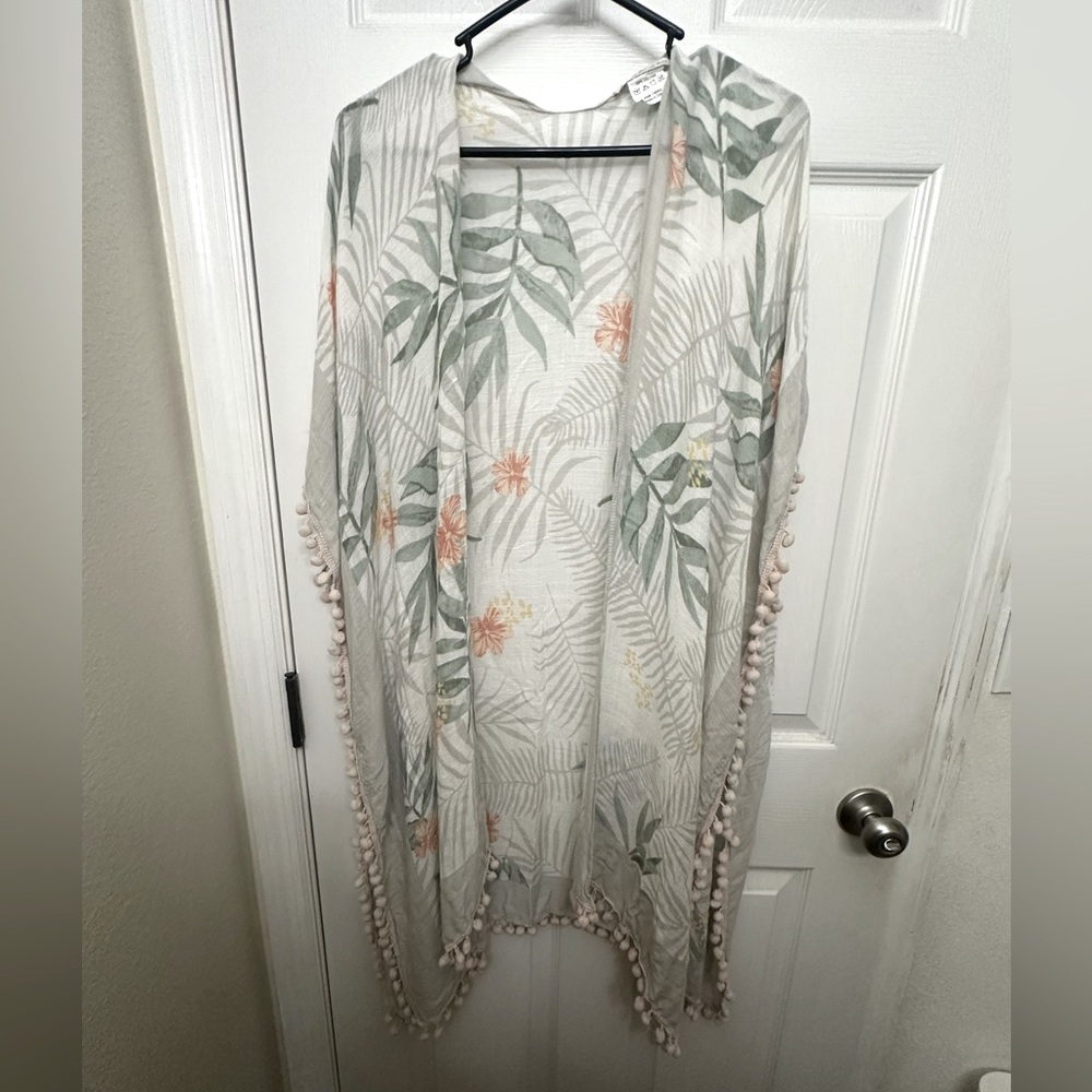 Soft cream tropical leaf boho kimono coverup with Pom Pom trim one size airy